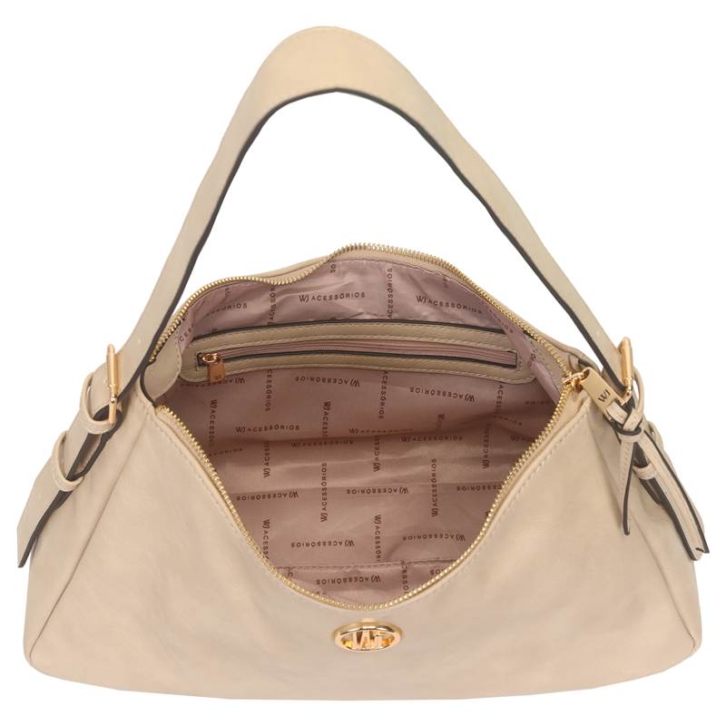 Interior da bolsa hobo feminina bege mostrando forro em tecido com bolso interno zíper